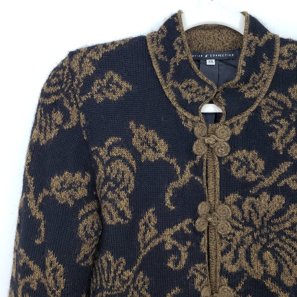 Peruvian Connection Cardigan Sweater Jacket XS Alpaca Asian Floral Black Brown - Picture 7 of 9